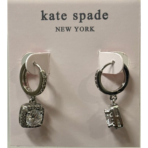 Kate Spade New York Silver Hoop Halo Drop Earrings CZ Crystal NWT - Picture 2 of 3